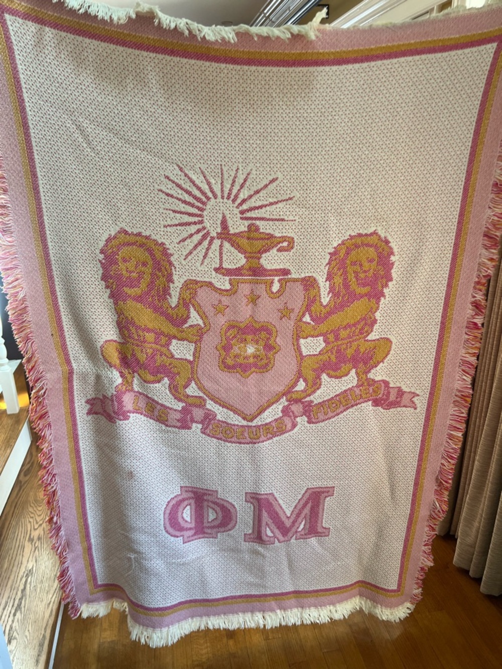 Pink and Gold Crest Phi Mu Throw Blanket with Fringe